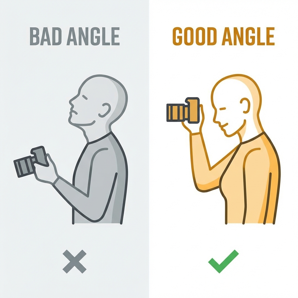 Diagram comparing bad low angle vs good high angle for selfies