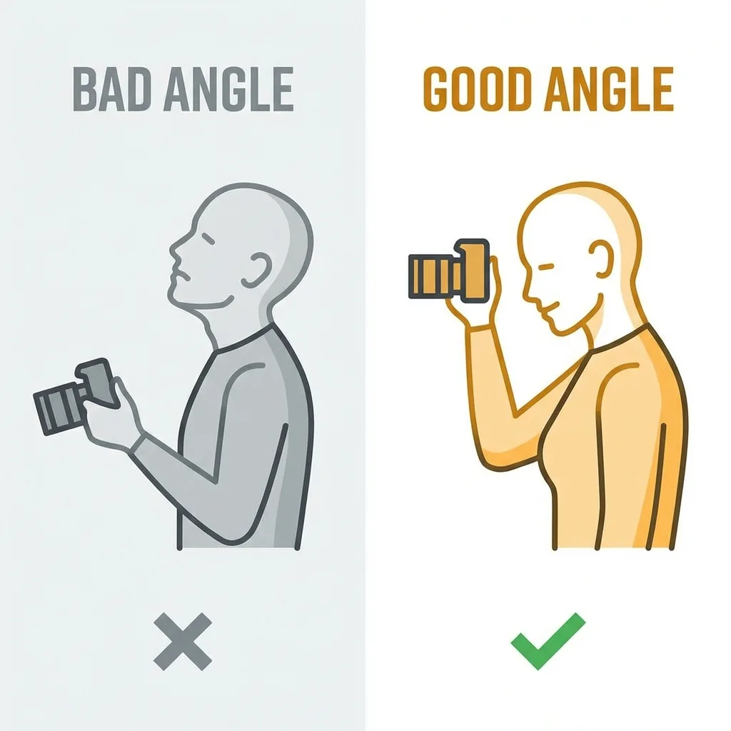 Diagram comparing bad low angle vs good high angle for selfies