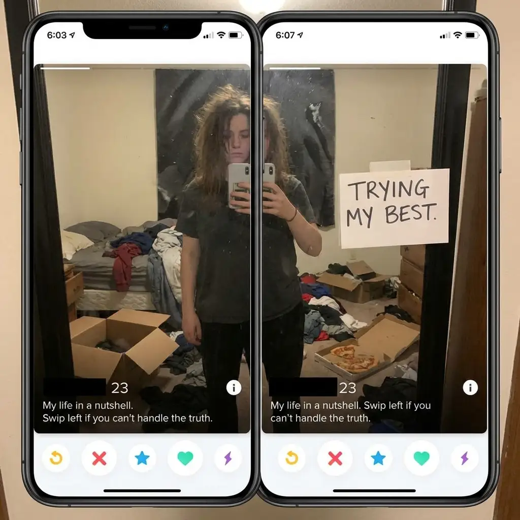 Messy room selfie example