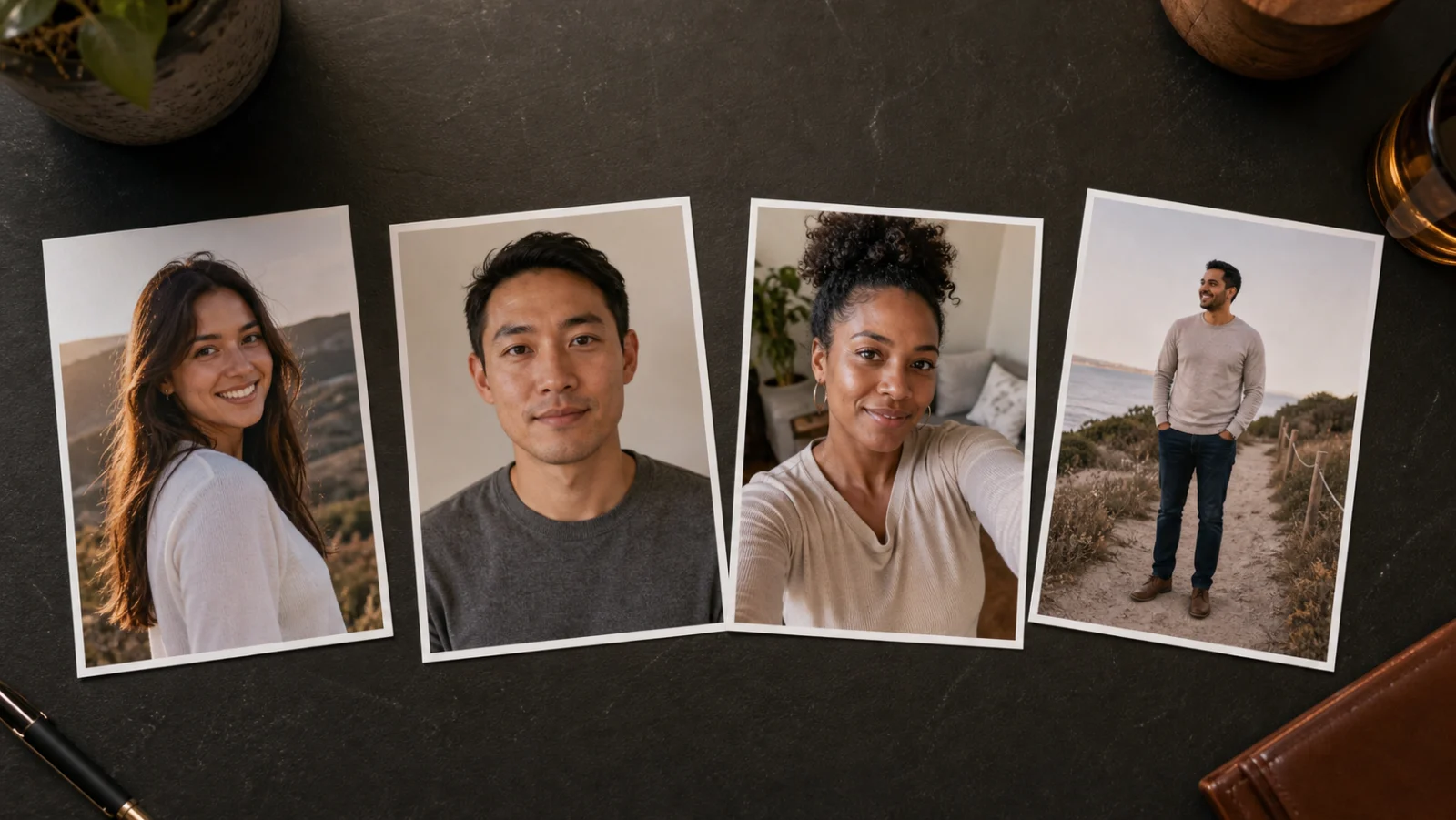 Four fictional dating portraits comparing expression, setting, selfie, and full-body framing
