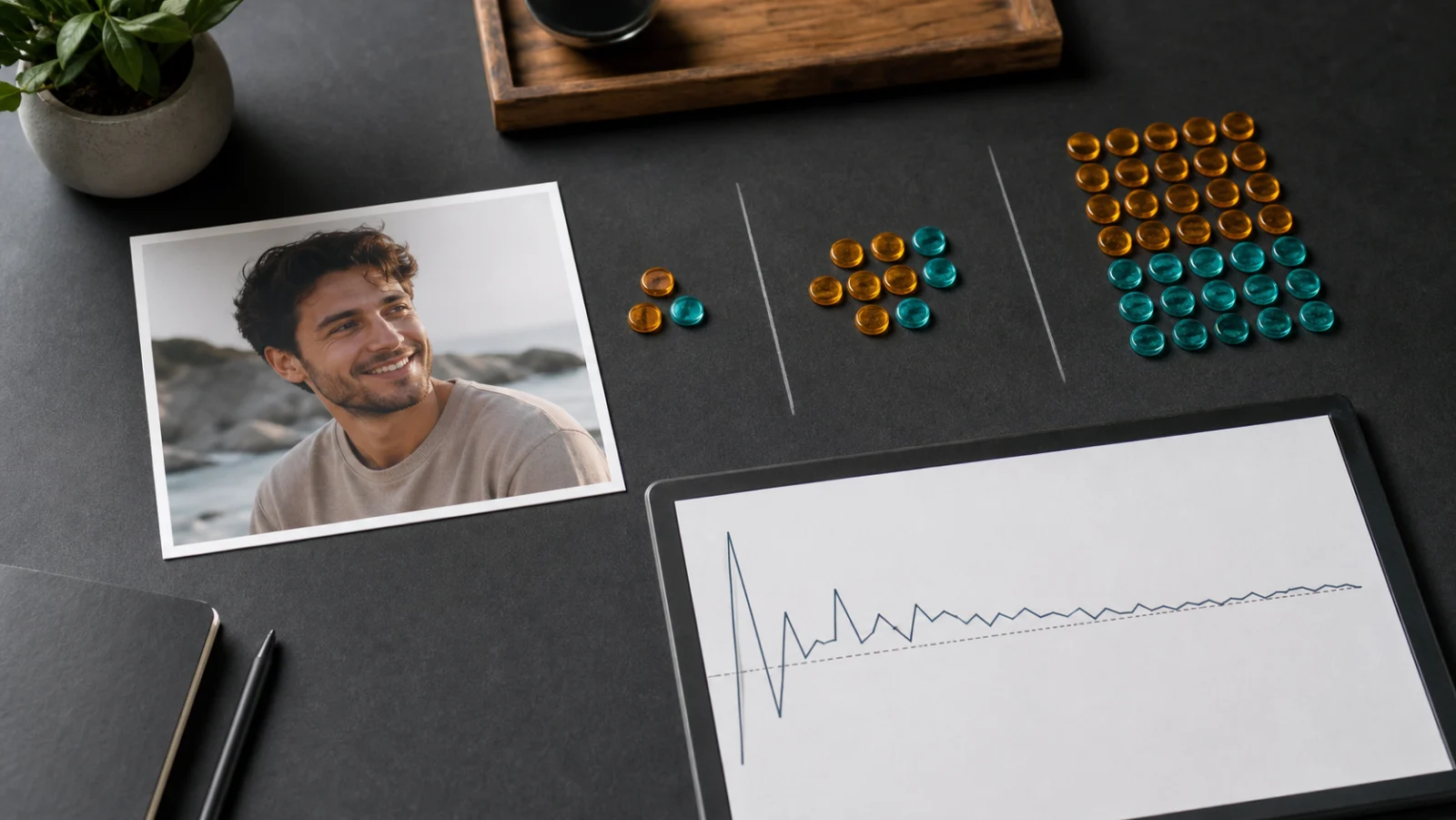 Fictional dating portrait, increasing groups of rating tokens, and a score line becoming stable