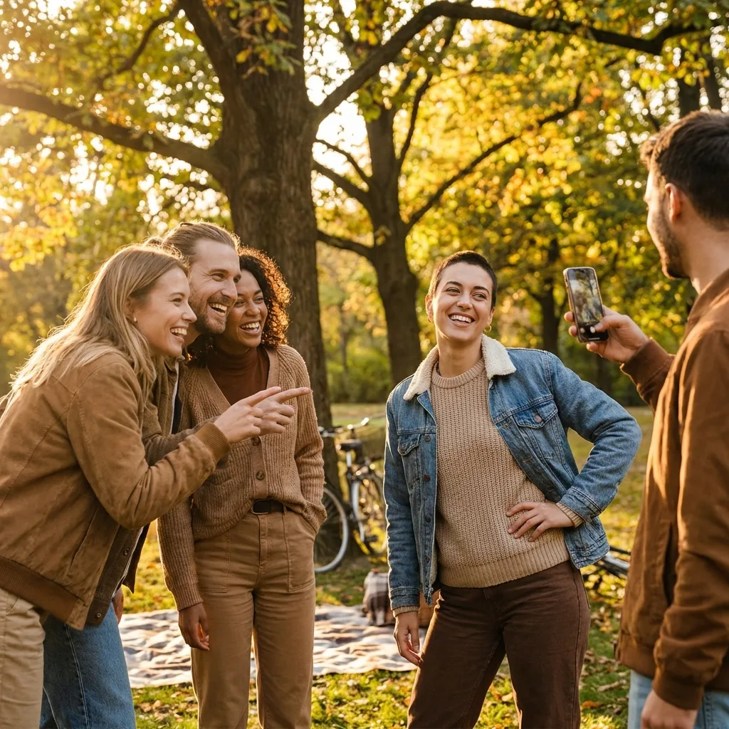 Friends helping take a full body photo in a park