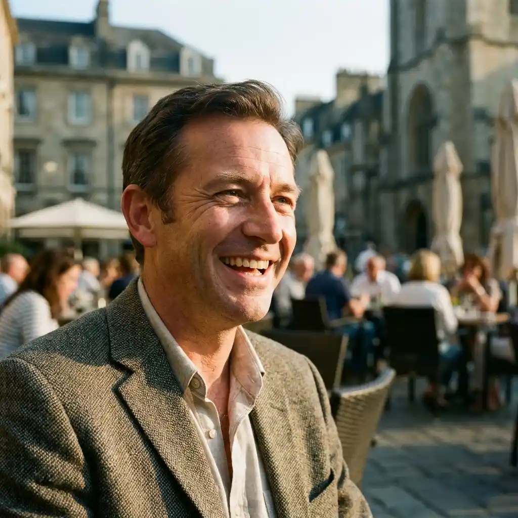 Confident man smiling naturally in golden hour lighting