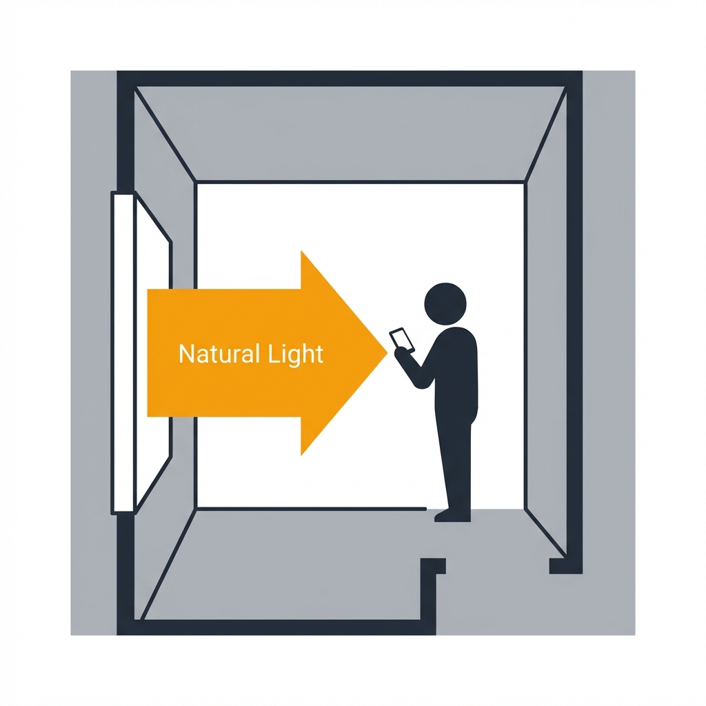 Diagram showing proper window lighting setup for selfies
