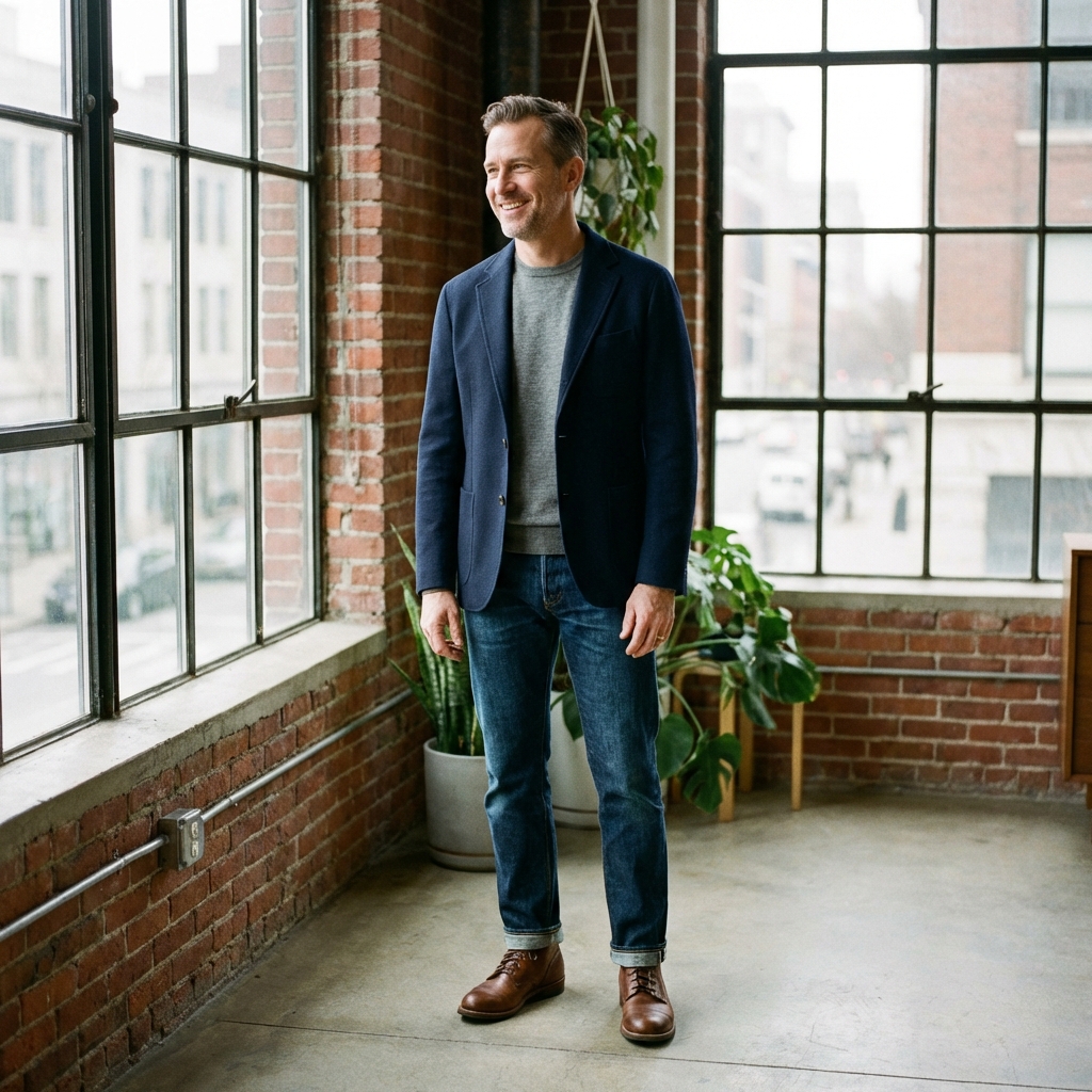 Man standing in natural window light for a dating photo